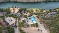 Quarry filled with water, artificial lake, place for rest and swimming, aerial view, Russia, Kamensk, lake `Eldorado