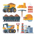 Quarry mine equipment set. Smelted gold ingots block TNT explosive excavator mining and ore processing plant charges