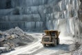 Quarrying of marble at marble quarry is being worked on by heavy large truck