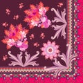 Quarter of beautiful silk scarf with fairy doves, leaves and flowers, mandala and ornamental frame in vector
