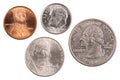 Quarter Dollar, one dime, Five cent or nickel, One Cent or penny. Four most commonly used American Coin. US Bank Royalty Free Stock Photo