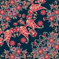 Quarter of the ethnic russian bandana print with floral border. Silk neck scarf with beautiful bouquets and paisley.
