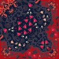 Quarter of ethnic square shawl with paisley ornament and stylized flowers.