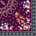 Quarter indian shawl with beautiful flowers, fairy peacock, paisley ornament and decorative frame