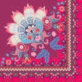 Quarter of shawl or carpet in ethnic style. Half of mandala, paisley ornament and decorative border with tulips flowers