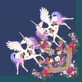 Quarter of shawl with cute winged unicorns and luxury floral ornzment in vector