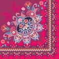 Quarter of shawl in ethnic style. Half of mandala, paisley, flowers and ornamental border in vector. Indian, turkish motives