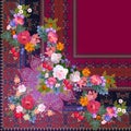 Quarter of shawl with ornamental border, mandala flower and floral garlands. Indian, russian motives