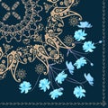 Quarter shawl with paisley ornament and blue cosmos flowers. Indian, russian motives.