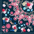 Quarter shawl with paisley ornament and bunches of garden flowers in russian style