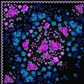 Quarter of spanish bandana print with pink and blue floral embroidery. Silk neck scarf with beautiful flowers and leaves.