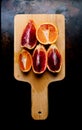 Quartered blood oranges on a wood cutting board