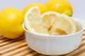 Quartered lemon in white bowl