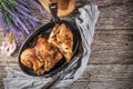 Quarters of fried chicken in a cast iron skillet Royalty Free Stock Photo
