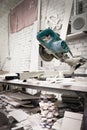 Worker cutting metal ,stone production,beautiful stone cutting Royalty Free Stock Photo