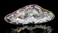 Quartz crystals inside large geode in agate gem cross-section with reflection on a black background Royalty Free Stock Photo