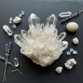 Quartz crystals SiO with pointed terminations centered on a dark Royalty Free Stock Photo