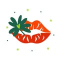 Quatrefoil in bright red lips. Simple vector illustration. Kiss for good luck. Female mouth with green clover leaf