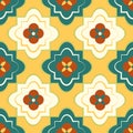 Quatrefoil seamless vector pattern background. Azulejo style backdrop with historical foil motifs in mustard yellow Royalty Free Stock Photo