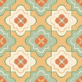 Quatrefoil seamless vector pattern background. Azulejo style backdrop with historical foil motifs in pastel teal, orange Royalty Free Stock Photo