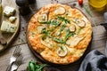 Quatro formaggi pizza with pear. Pear and blue cheese pizza Royalty Free Stock Photo