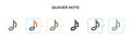 Quaver note vector icon in 6 different modern styles. Black, two colored quaver note icons designed in filled, outline, line and