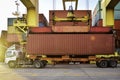 Quay crane discharging shipping container with blue sky background Royalty Free Stock Photo