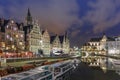 Quay Graslei in Ghent town at night, Belgium Royalty Free Stock Photo