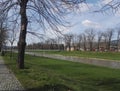 Quay on Nisava river, footbridge in background, Pirot, Serbia Royalty Free Stock Photo