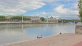 Quay of river Rhone, with towers of municipal swimming pool of Lyon