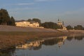 Quay river Sukhona in the rays of the setting sun in the city of Veliky Ustyug Royalty Free Stock Photo