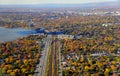 Quebec, Canada - October 27, 2019 - The aerial view of the highway overlooking the striking fall foliage in the city Royalty Free Stock Photo