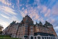 Fairmont Le Chateau Frontenac sunset time view. Quebec City Old Town in autumn dusk.