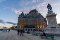 Fairmont Le Chateau Frontenac sunset time view. Quebec City Old Town in autumn dusk.