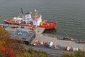 Red ship at quay on Saint-Laurent river