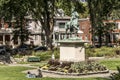 Quebec City 13.09.2017 Bronze statue Sancta Joanna D arc - Joan of Arc war memorial in a colorful garden on a sunny day