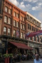 Quebec City Canada 13.09.2017 People living and eating in Old town street with colorful sunset