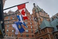 Quebec city, Canada september 23, 2018: flagpole above the entrance Chateau Frontenac is a grand hotel. It was