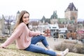 Quebec City scape with Chateau Frontenac and young teen enjoying the view. Royalty Free Stock Photo