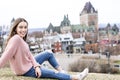 Quebec City scape with Chateau Frontenac and young teen enjoying the view. Royalty Free Stock Photo