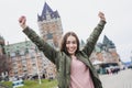 Quebec City scape with Chateau Frontenac and young teen enjoying the view. Royalty Free Stock Photo