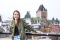 Quebec City scape with Chateau Frontenac and young teen enjoying the view. Royalty Free Stock Photo