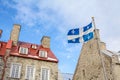 Quebec flag in front of Old Houses in Old Quebec city Royalty Free Stock Photo