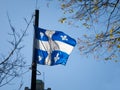 Quebec flag in front of a trees waiving in the air. Also known as Fleur de Lys, or fleurdelise, it is the official symbol Royalty Free Stock Photo