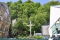 Quebec, 28th June: Library Pere Frederic courtyard Cross on Rue du Petit Champlain from Old Quebec City in Canada