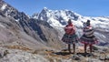 Quechua girls admire Andean mountain views on the Ausangate trail. Cusco, Peru