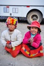 Quechua girls playing in a village in the Andes, Ollantaytambo,