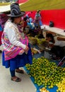 Quechua woman in traditional cloth at the food market Royalty Free Stock Photo