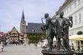 Quedlinburg, Germany, July 2022: Markplatz, the Main Square of Quedlinburg Old Town Germany, musicians sculpture with the Town