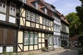 Quedlinburg, Germany, July 2022: Perspective view of old houses in a street of Old Town in Quedlinburg Germany. Martkirchhoff